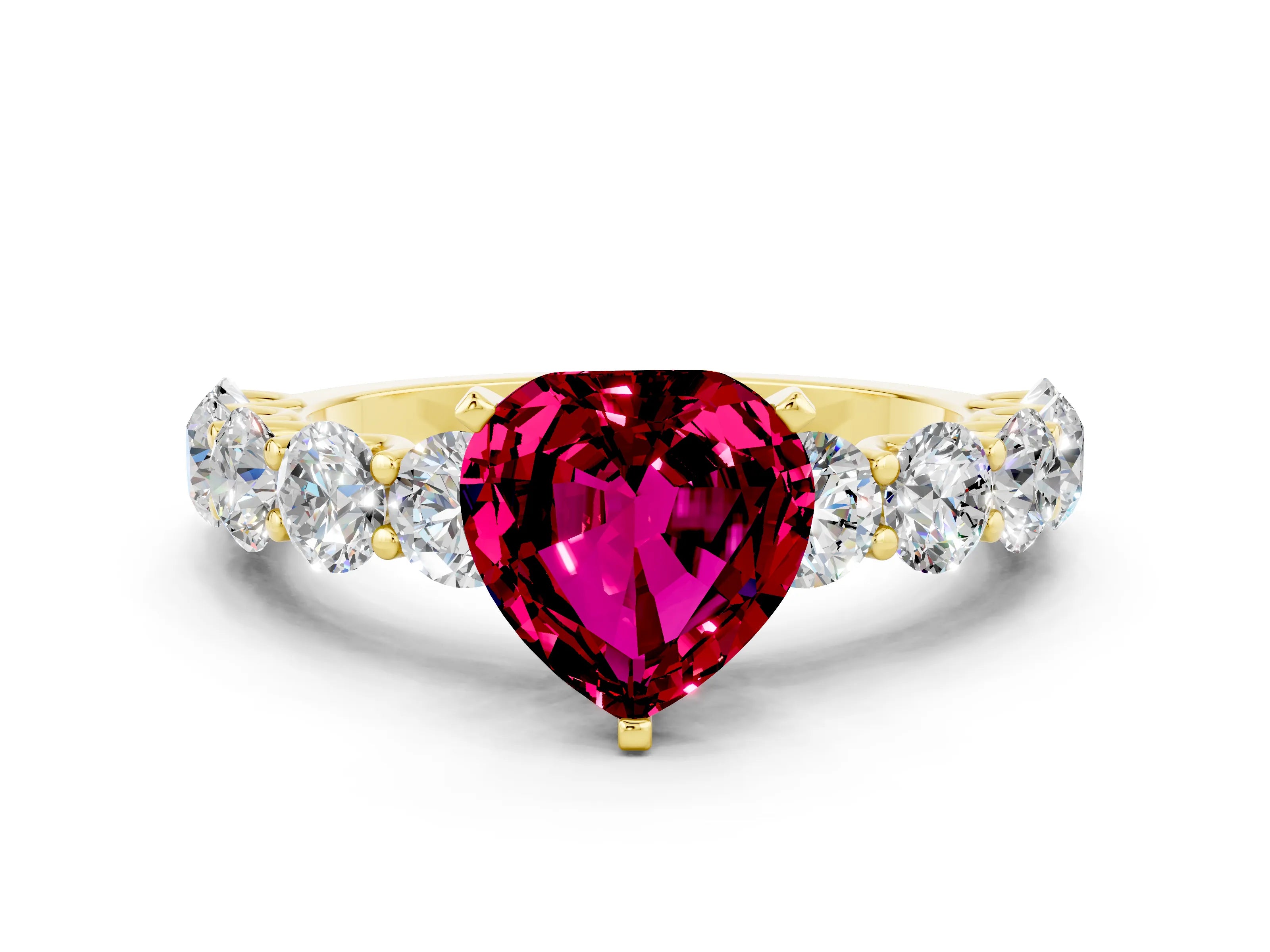 Yellow gold Heart Cut Garnet Prong Setting with Side Stones on a Pave Band
