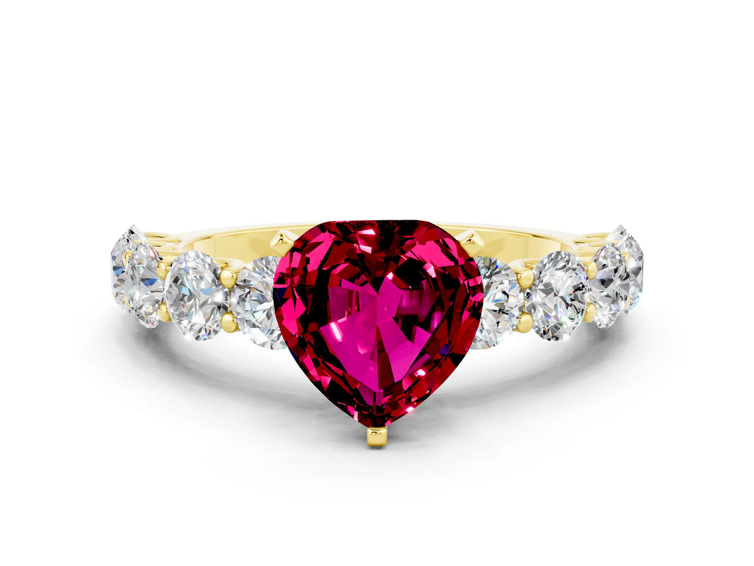 Yellow gold Heart Cut Garnet Prong Setting with Side Stones on a Pave Band