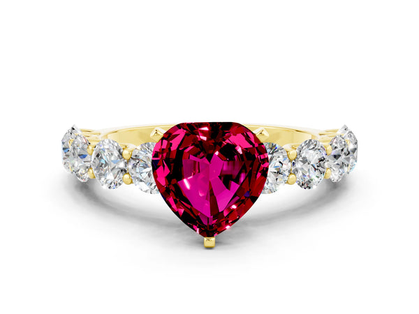 Yellow gold Heart Cut Garnet Prong Setting with Side Stones on a Pave Band