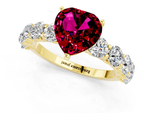 Yellow gold Heart Cut Garnet Prong Setting with Side Stones on a Pave Band_1