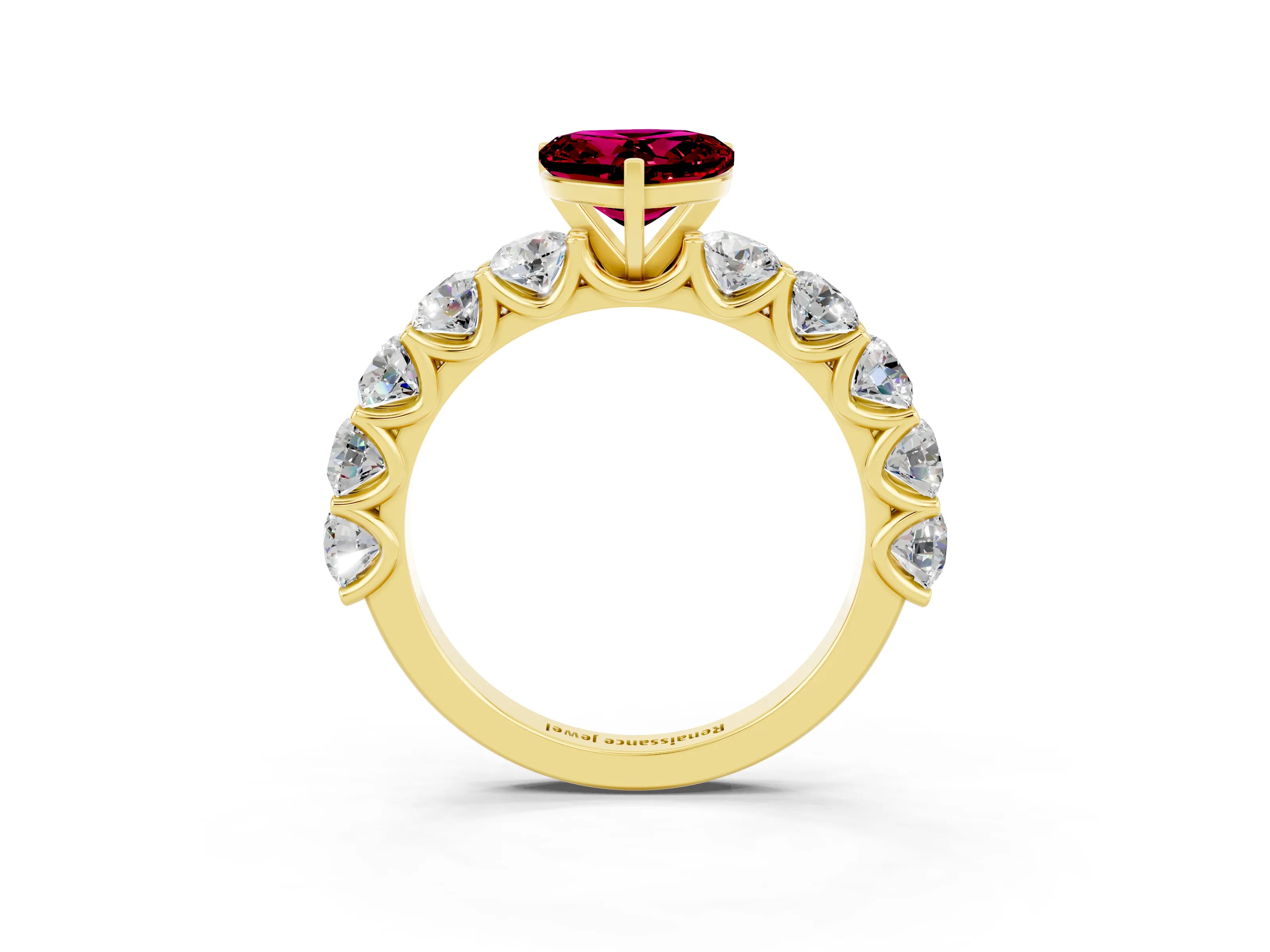 Yellow gold Heart Cut Garnet Prong Setting with Side Stones on a Pave Band_3