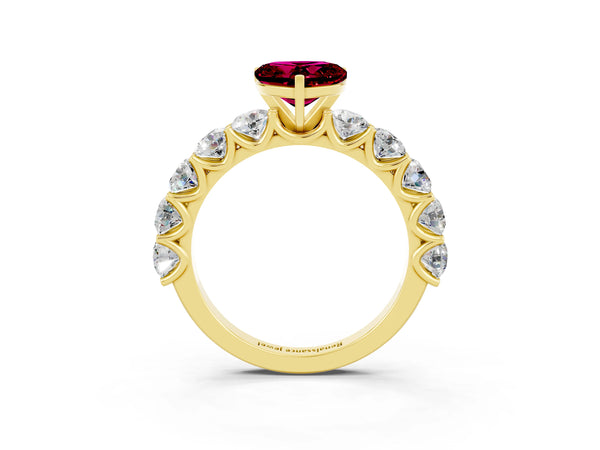 Yellow gold Heart Cut Garnet Prong Setting with Side Stones on a Pave Band