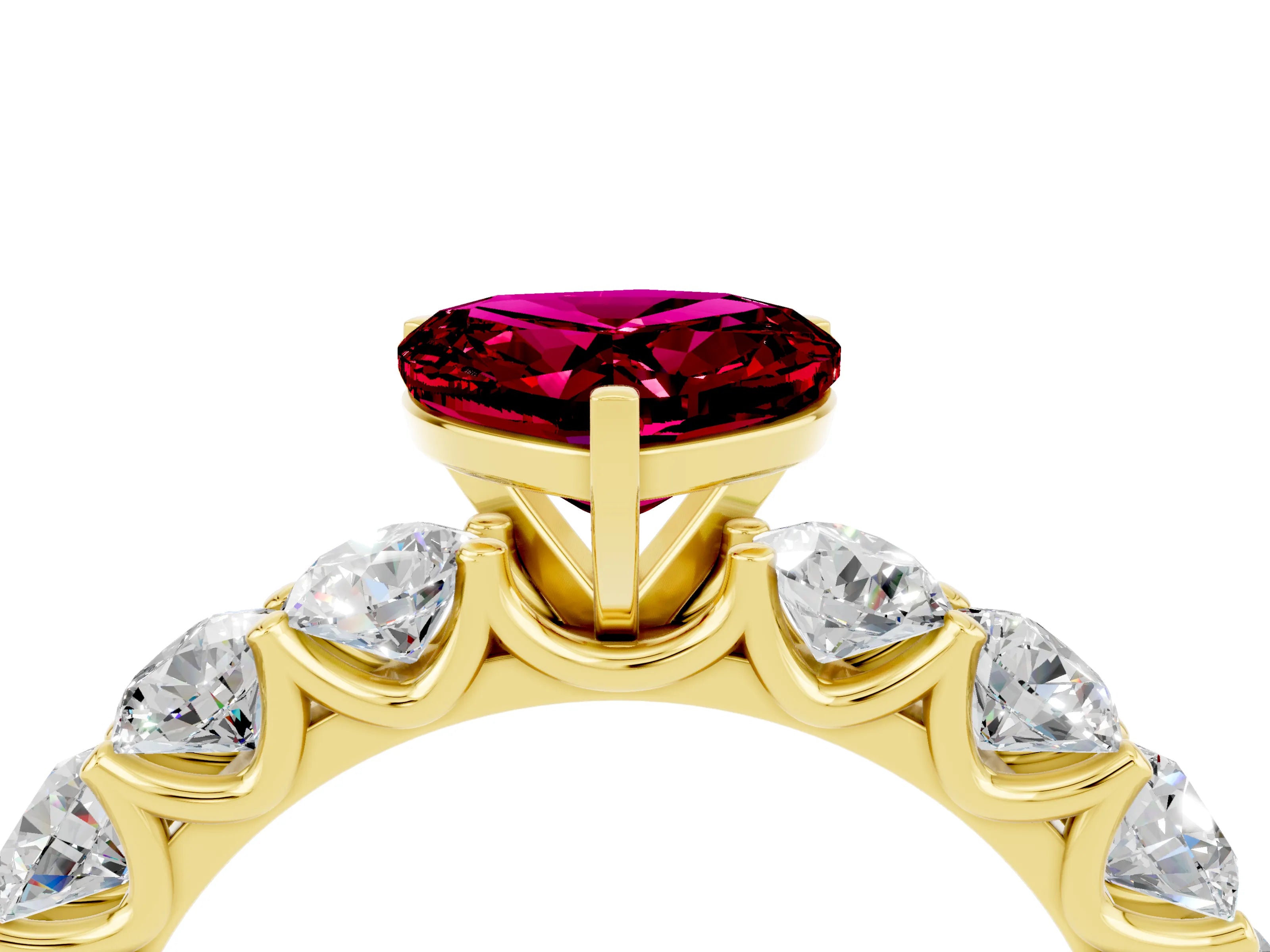 Yellow gold Heart Cut Garnet Prong Setting with Side Stones on a Pave Band_4