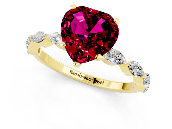 Yellow gold Heart Cut Garnet Ring with Marquise Side Stones and Prong Setting
