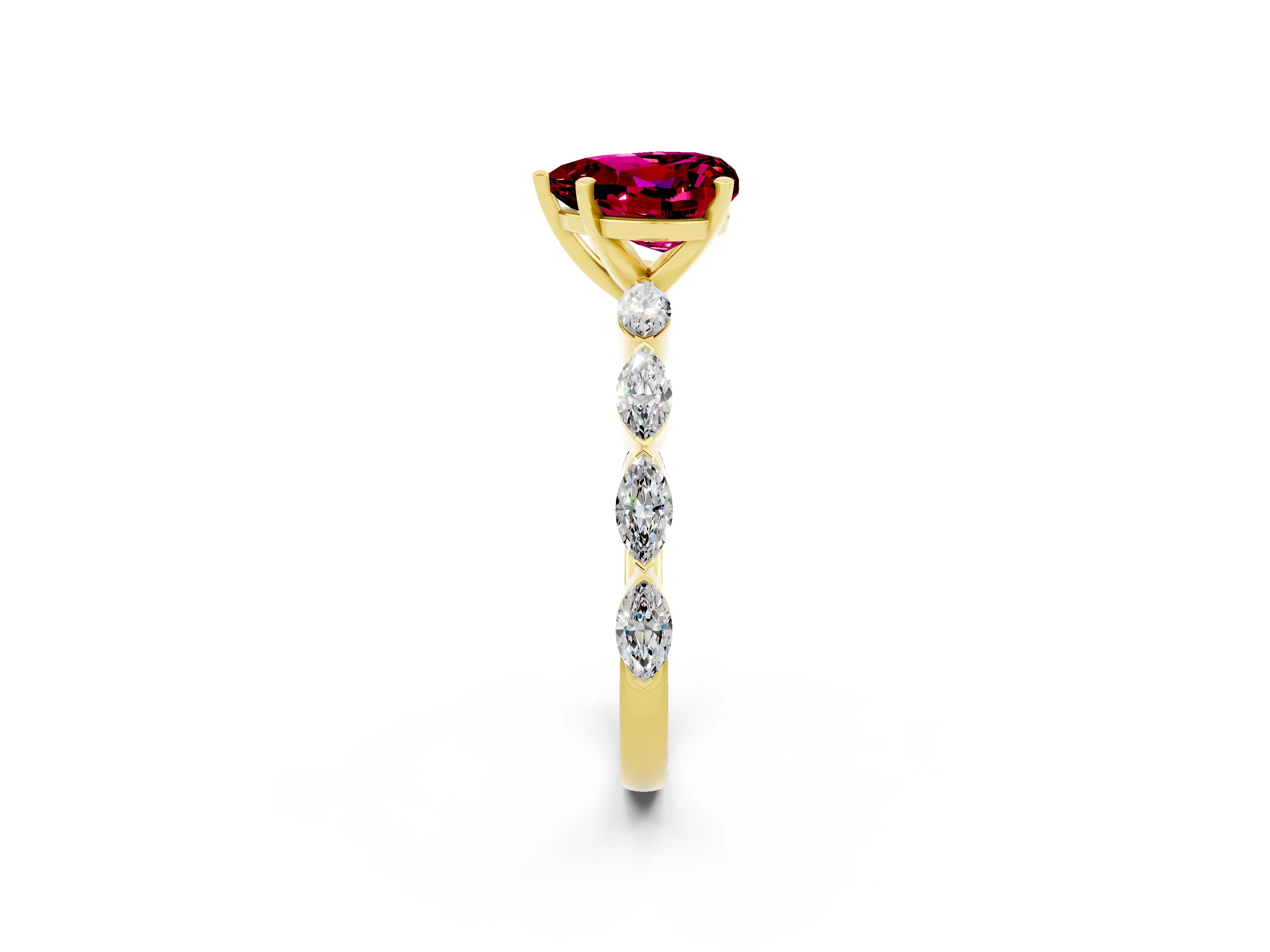 Yellow gold Heart Cut Garnet Ring with Marquise Side Stones and Prong Setting_2