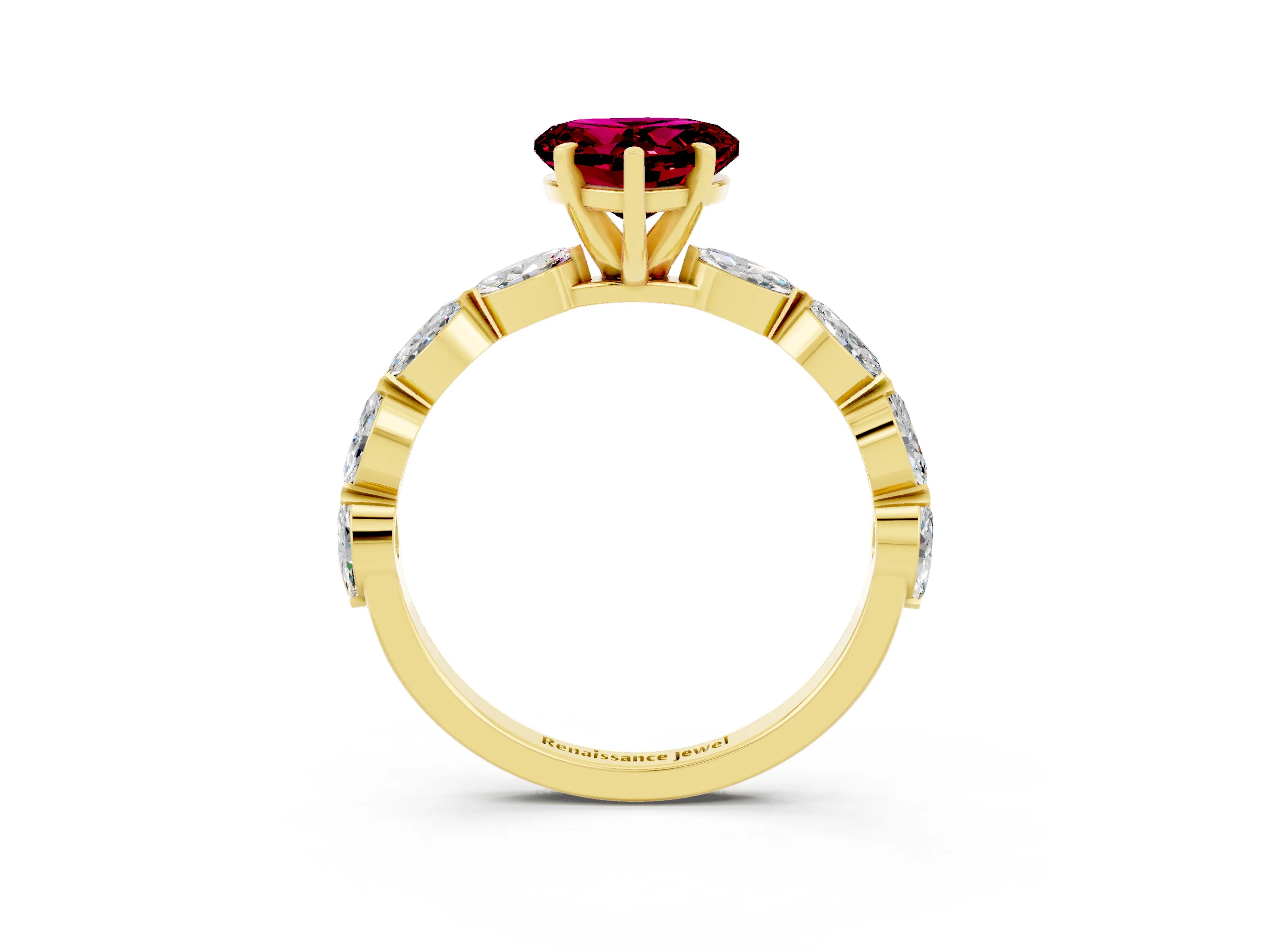 Yellow gold Heart Cut Garnet Ring with Marquise Side Stones and Prong Setting_3