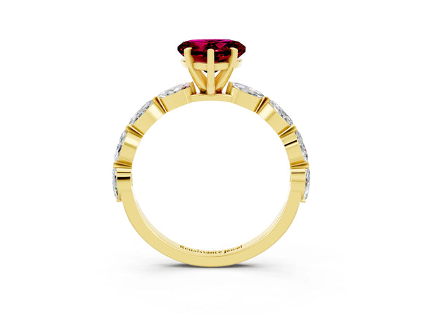 Yellow gold Heart Cut Garnet Ring with Marquise Side Stones and Prong Setting