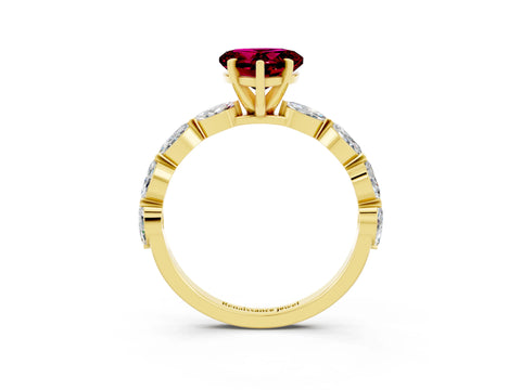 Yellow gold Heart Cut Garnet Ring with Marquise Side Stones and Prong Setting_3