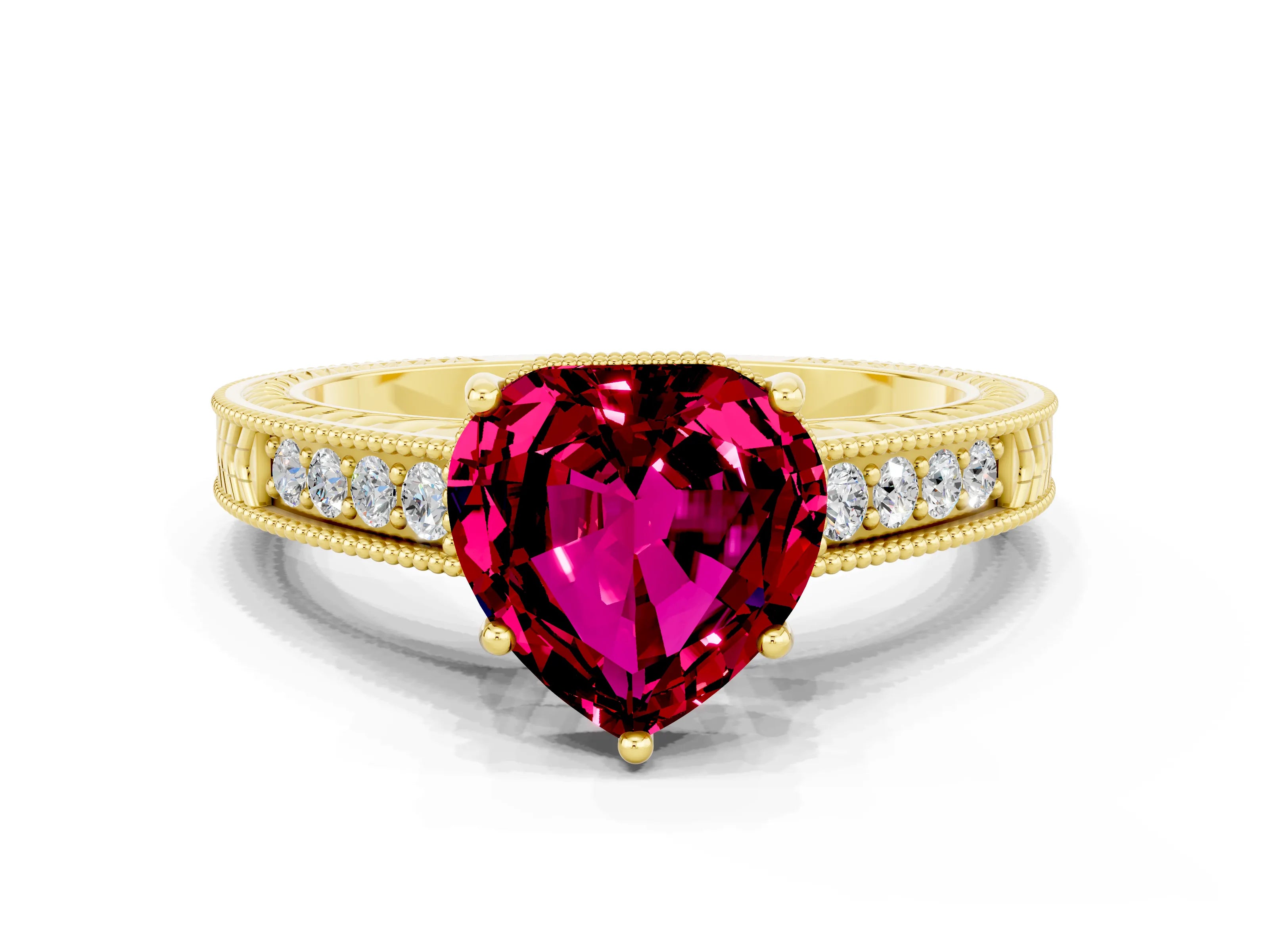Yellow gold Heart Cut Garnet Ring with Milgrain Pavé Band and Four-Prong Setting_12
