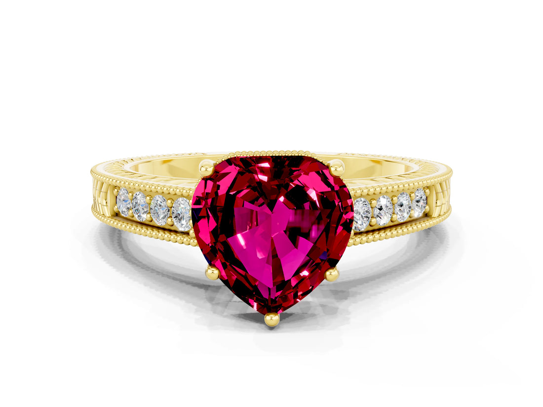Yellow gold Heart Cut Garnet Ring with Milgrain Pavé Band and Four-Prong Setting_12
