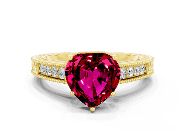 Yellow gold Heart Cut Garnet Ring with Milgrain Pavé Band and Four-Prong Setting