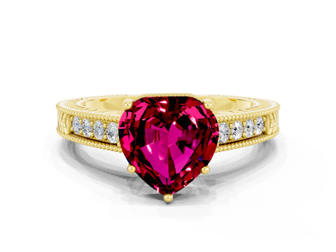 Yellow gold Heart Cut Garnet Ring with Milgrain Pavé Band and Four-Prong Setting_12