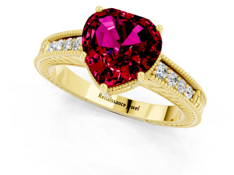 Yellow gold Heart Cut Garnet Ring with Milgrain Pavé Band and Four-Prong Setting_13