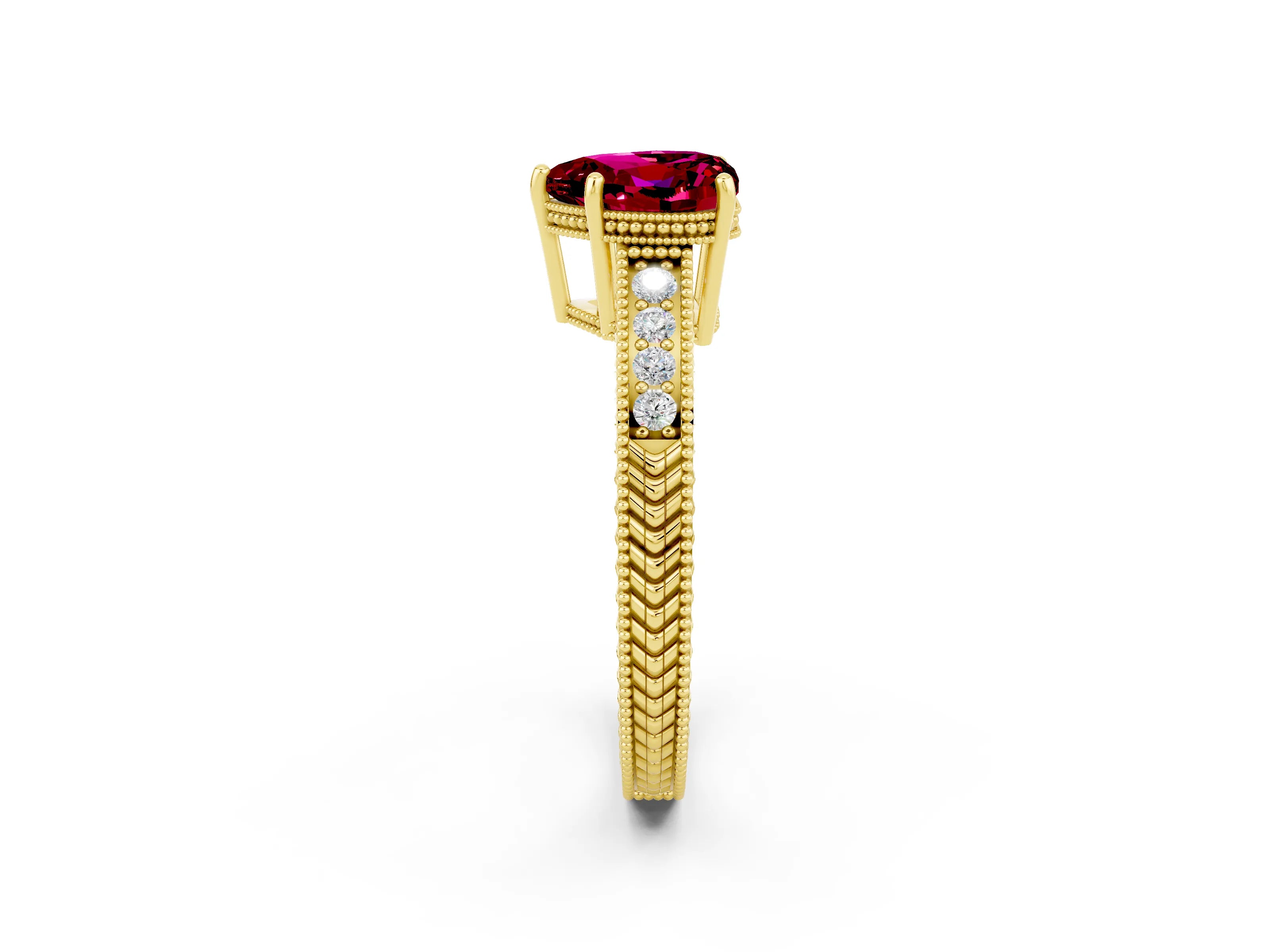 Yellow gold Heart Cut Garnet Ring with Milgrain Pavé Band and Four-Prong Setting_14