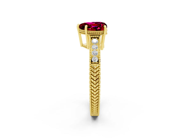 Yellow gold Heart Cut Garnet Ring with Milgrain Pavé Band and Four-Prong Setting