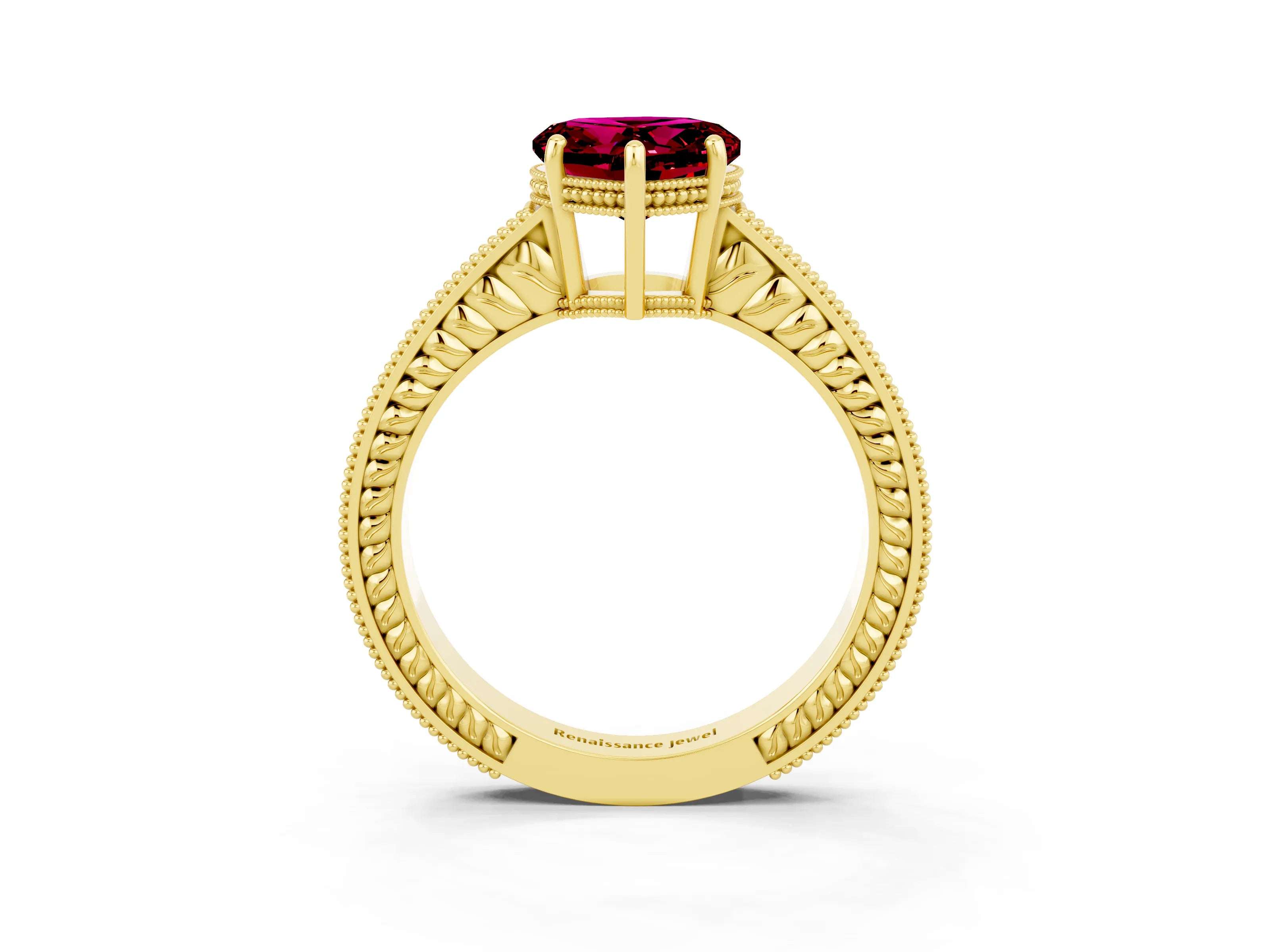 Yellow gold Heart Cut Garnet Ring with Milgrain Pavé Band and Four-Prong Setting_15