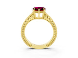Yellow gold Heart Cut Garnet Ring with Milgrain Pavé Band and Four-Prong Setting_15