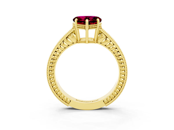 Yellow gold Heart Cut Garnet Ring with Milgrain Pavé Band and Four-Prong Setting