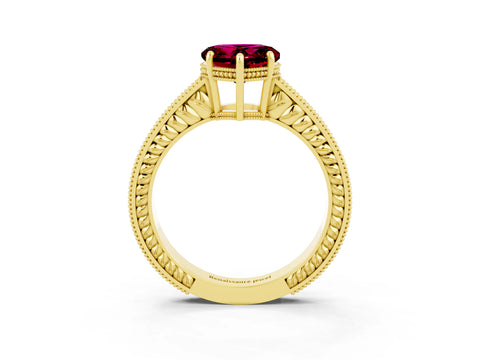 Yellow gold Heart Cut Garnet Ring with Milgrain Pavé Band and Four-Prong Setting_15