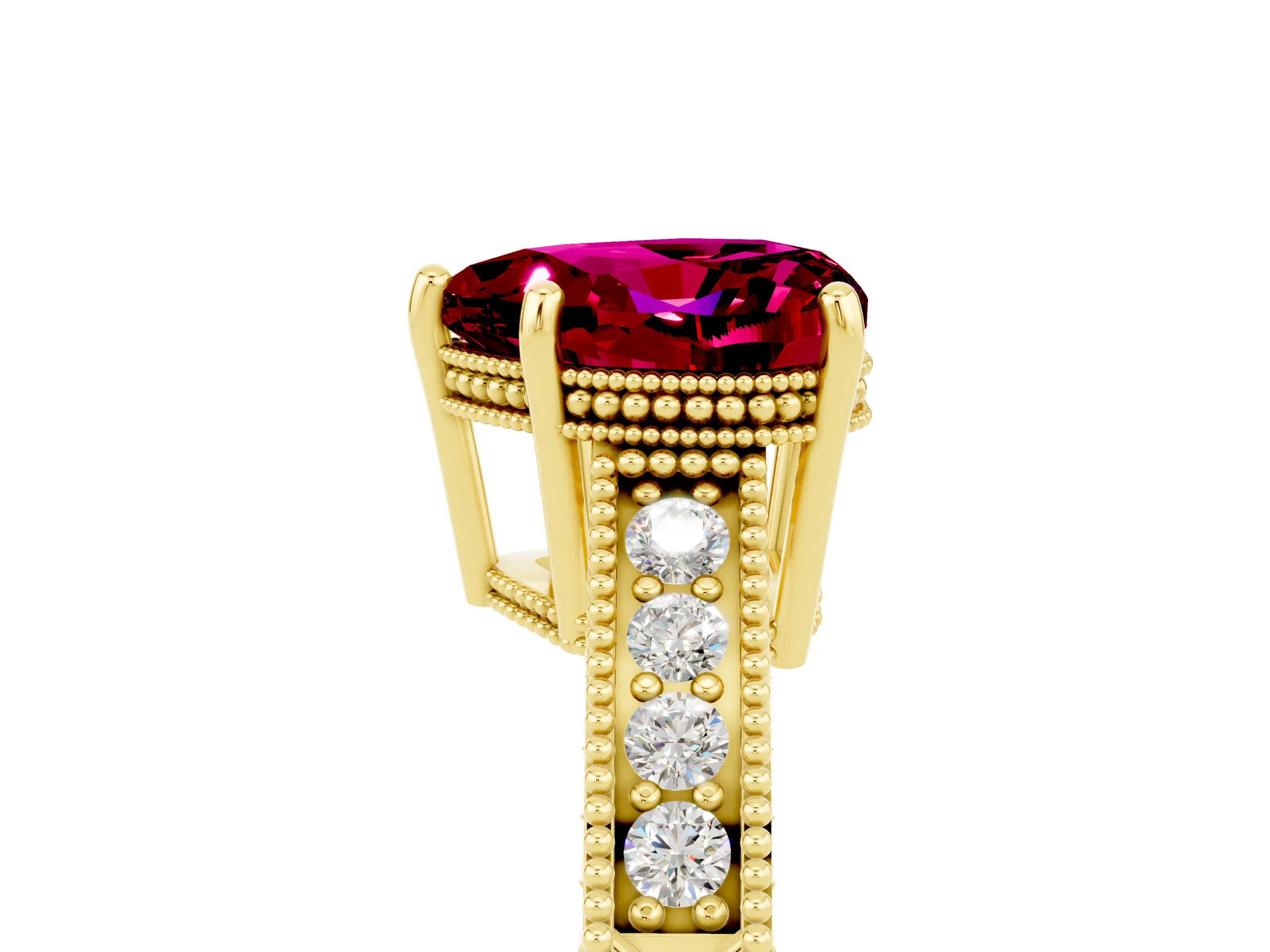 Yellow gold Heart Cut Garnet Ring with Milgrain Pavé Band and Four-Prong Setting_17