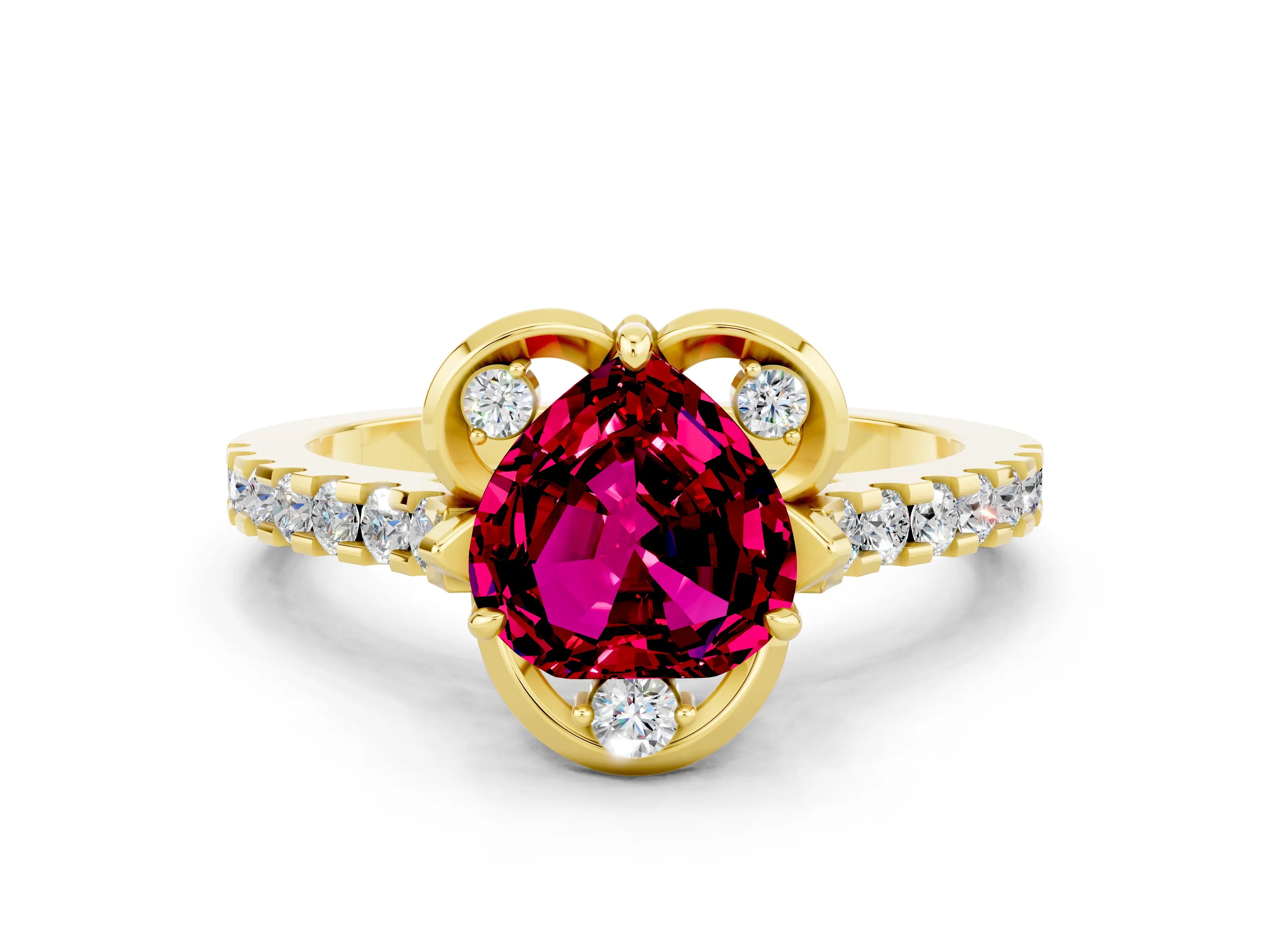 Yellow gold Heart Cut Garnet Ring with Pavé Band and Floral Prong Setting