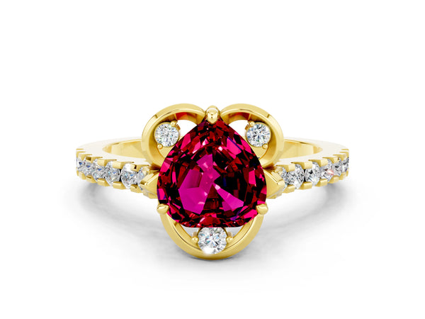 Yellow gold Heart Cut Garnet Ring with Pavé Band and Floral Prong Setting