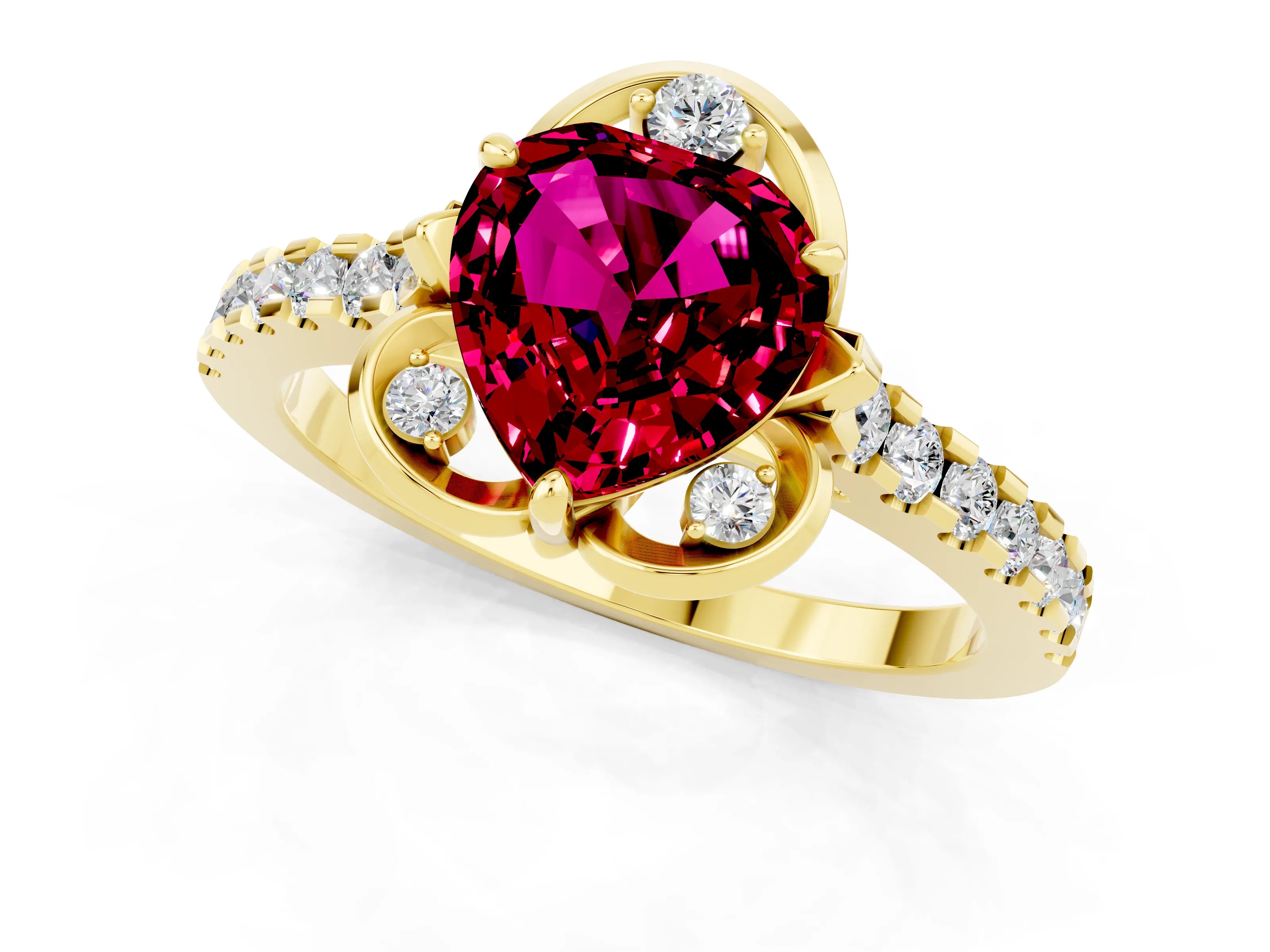 Yellow gold Heart Cut Garnet Ring with Pavé Band and Floral Prong Setting_1