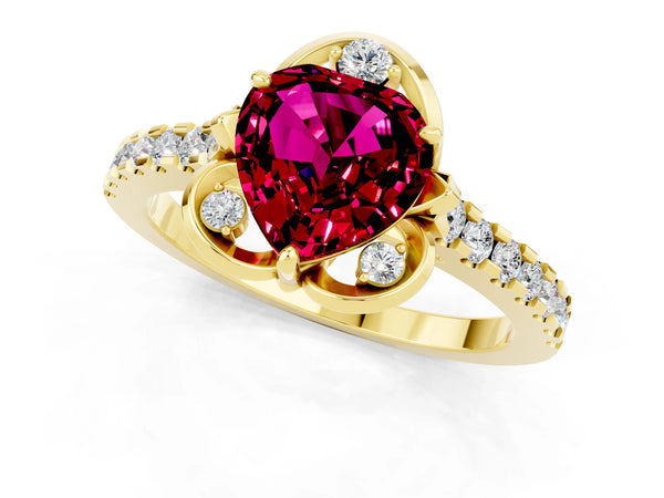 Yellow gold Heart Cut Garnet Ring with Pavé Band and Floral Prong Setting