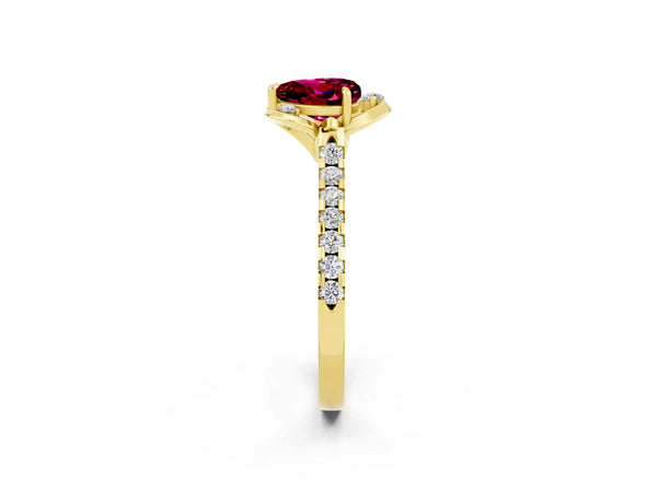 Yellow gold Heart Cut Garnet Ring with Pavé Band and Floral Prong Setting