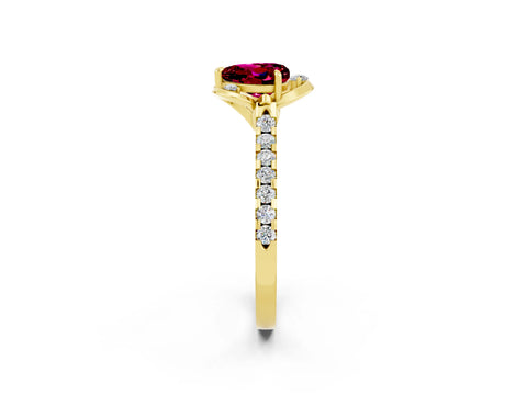Yellow gold Heart Cut Garnet Ring with Pavé Band and Floral Prong Setting_2