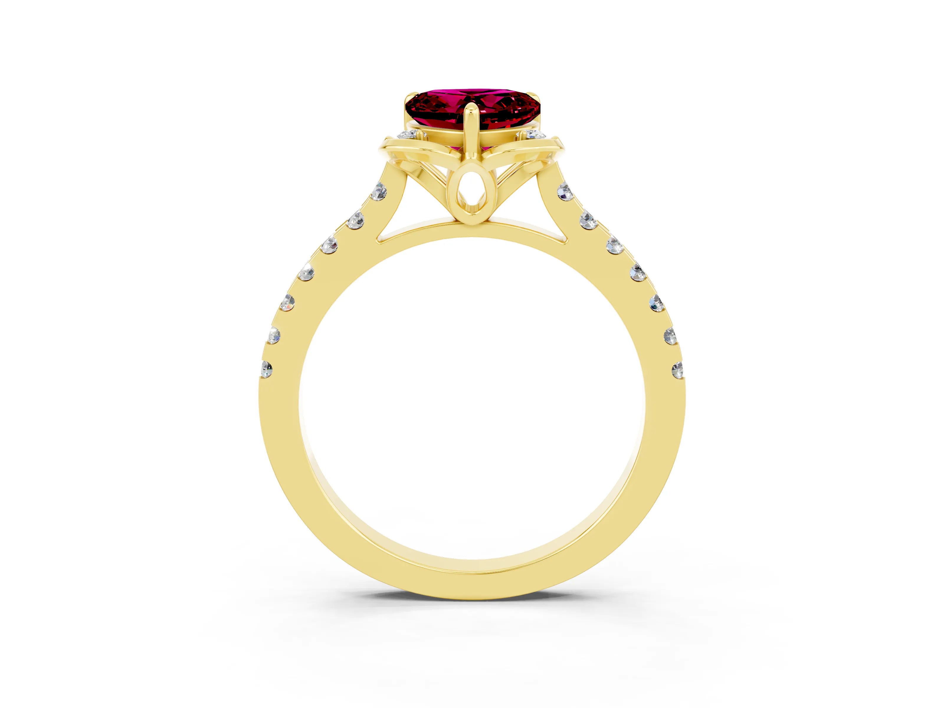 Yellow gold Heart Cut Garnet Ring with Pavé Band and Floral Prong Setting_3