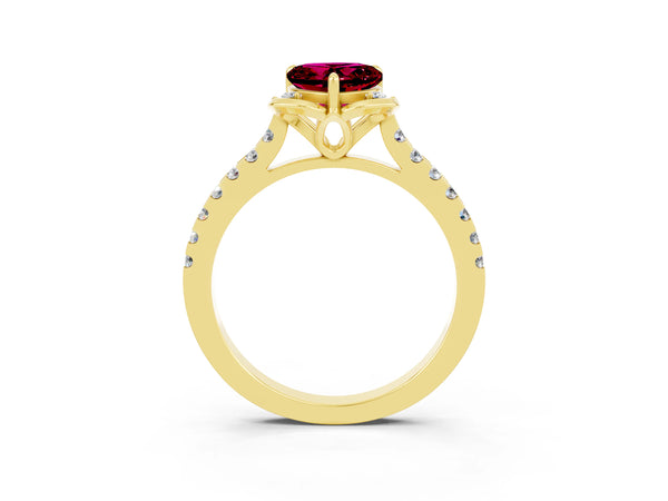 Yellow gold Heart Cut Garnet Ring with Pavé Band and Floral Prong Setting
