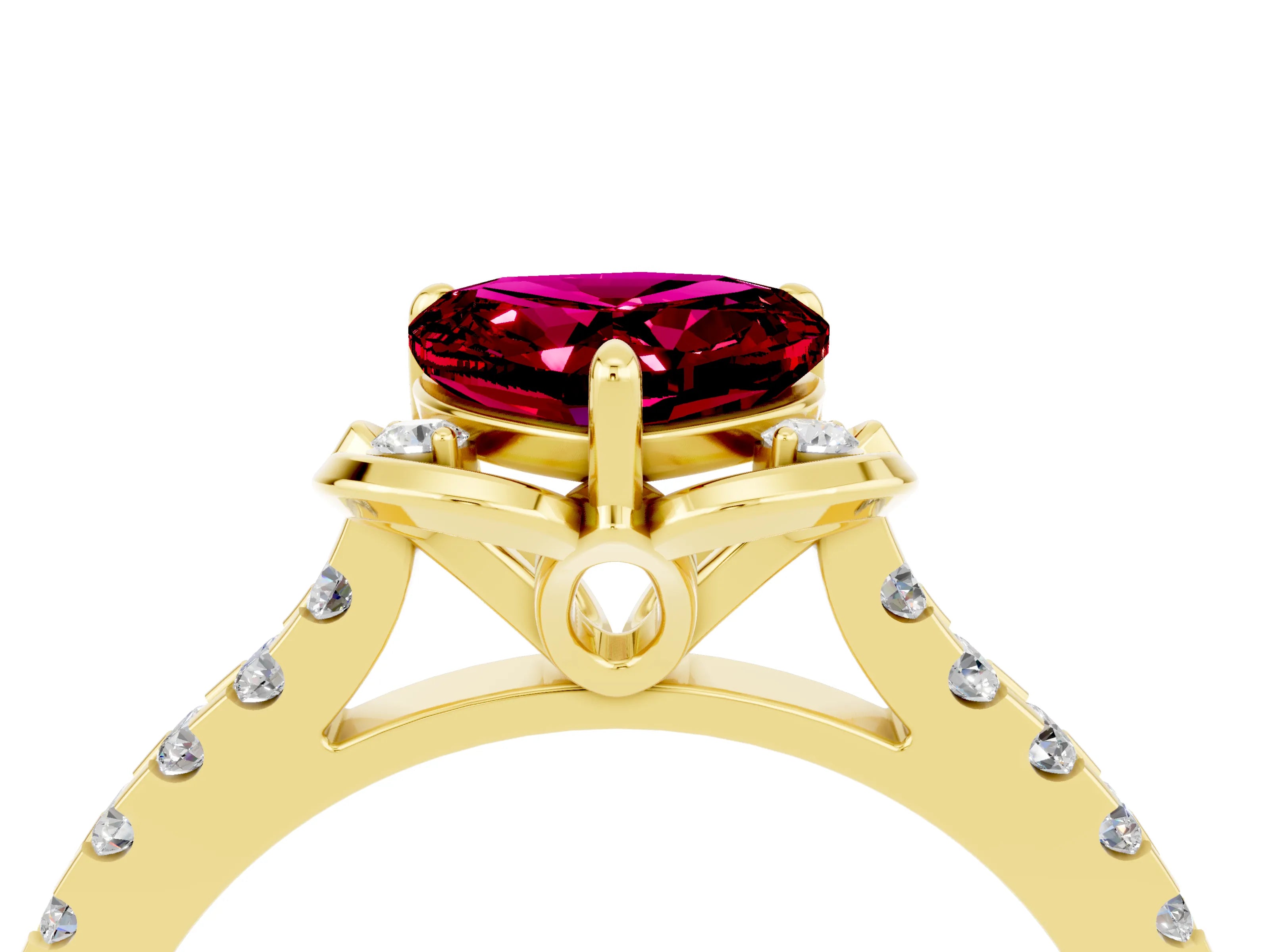 Yellow gold Heart Cut Garnet Ring with Pavé Band and Floral Prong Setting_4