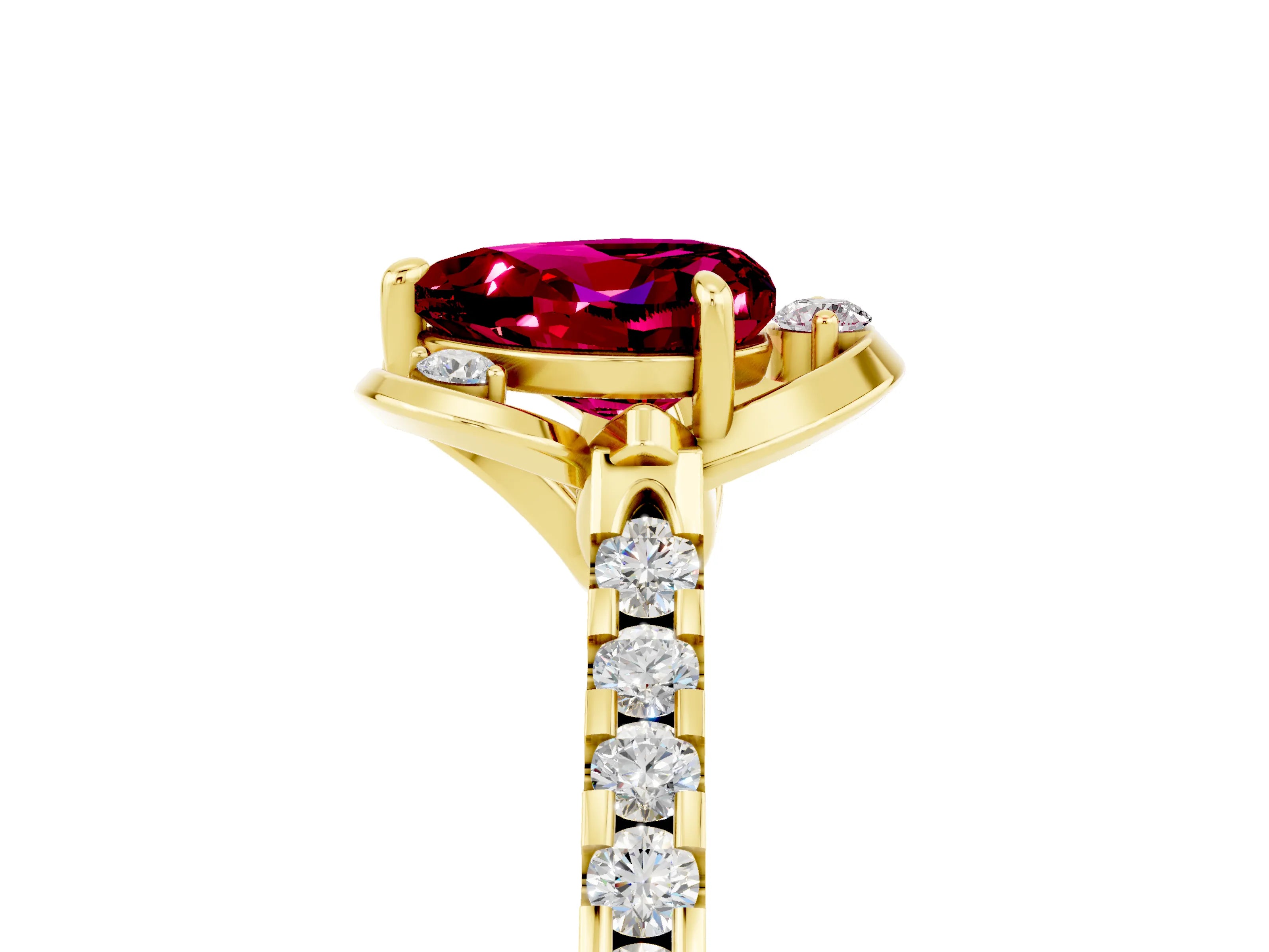 Yellow gold Heart Cut Garnet Ring with Pavé Band and Floral Prong Setting_5