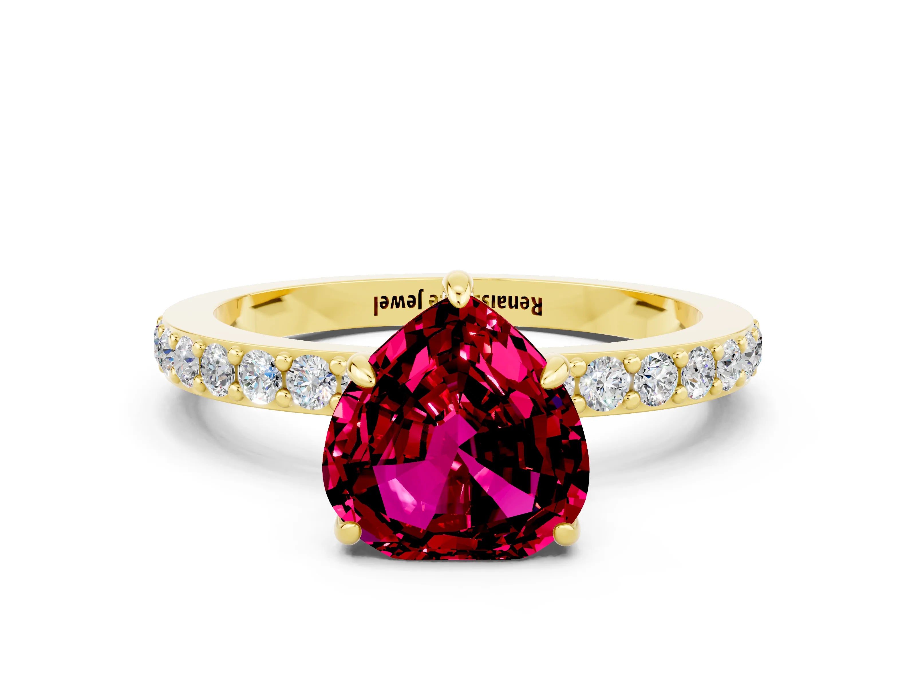 Yellow gold Heart Cut Garnet Ring with Pavé Band and Four-Prong Setting