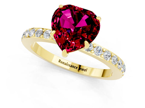 Yellow gold Heart Cut Garnet Ring with Pavé Band and Four-Prong Setting_1