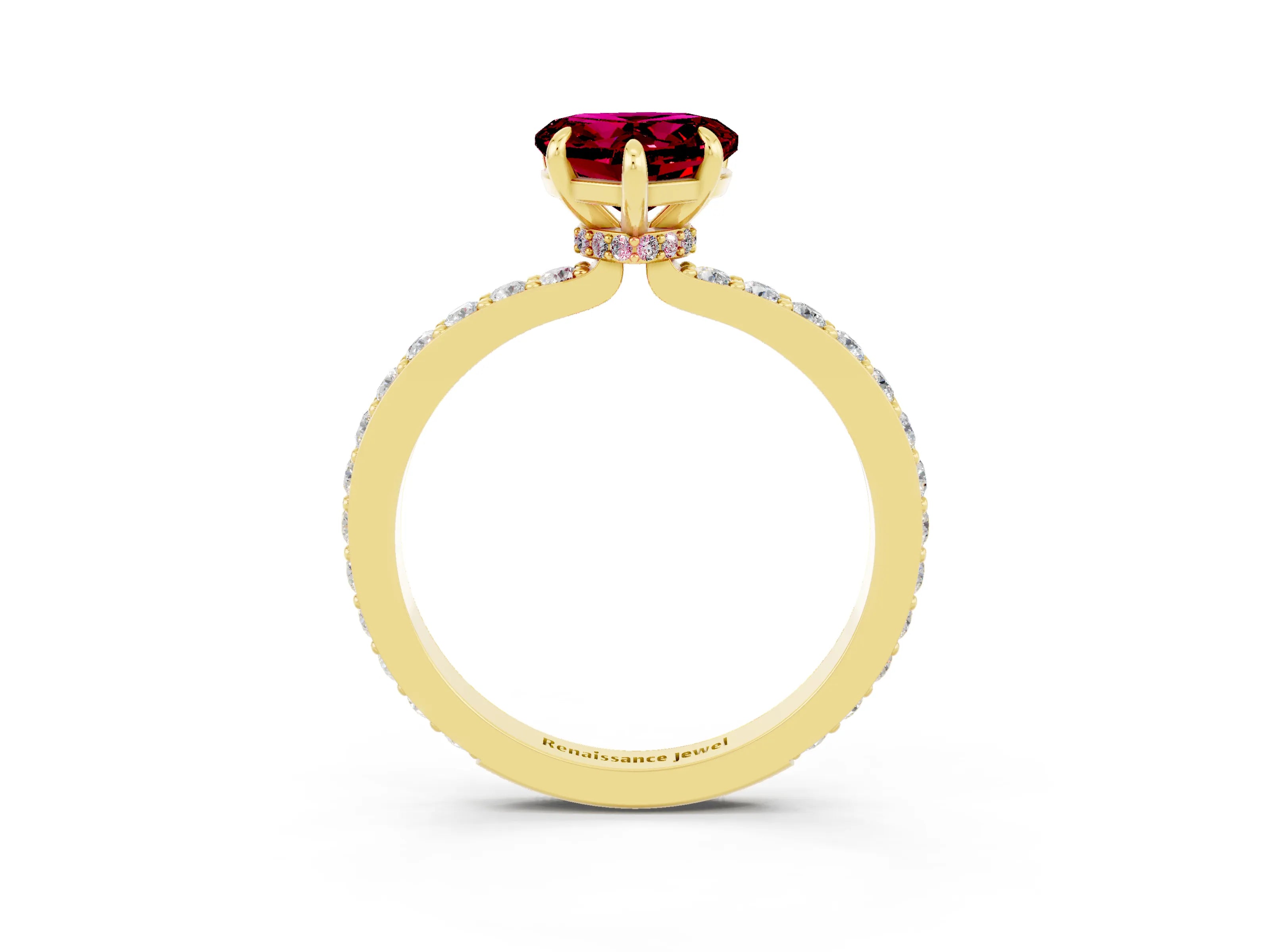Yellow gold Heart Cut Garnet Ring with Pavé Band and Four-Prong Setting_3