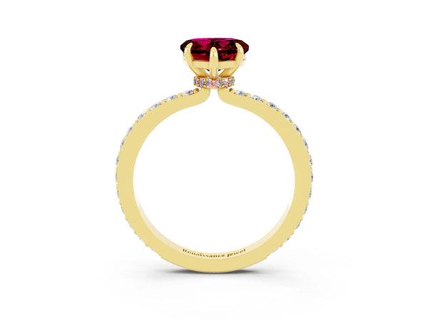 Yellow gold Heart Cut Garnet Pavé Engagement Ring with Round  Accents and Prong Setting
