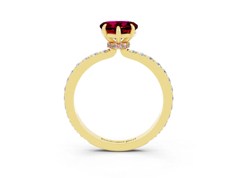 Yellow gold Heart Cut Garnet Ring with Pavé Band and Four-Prong Setting_3