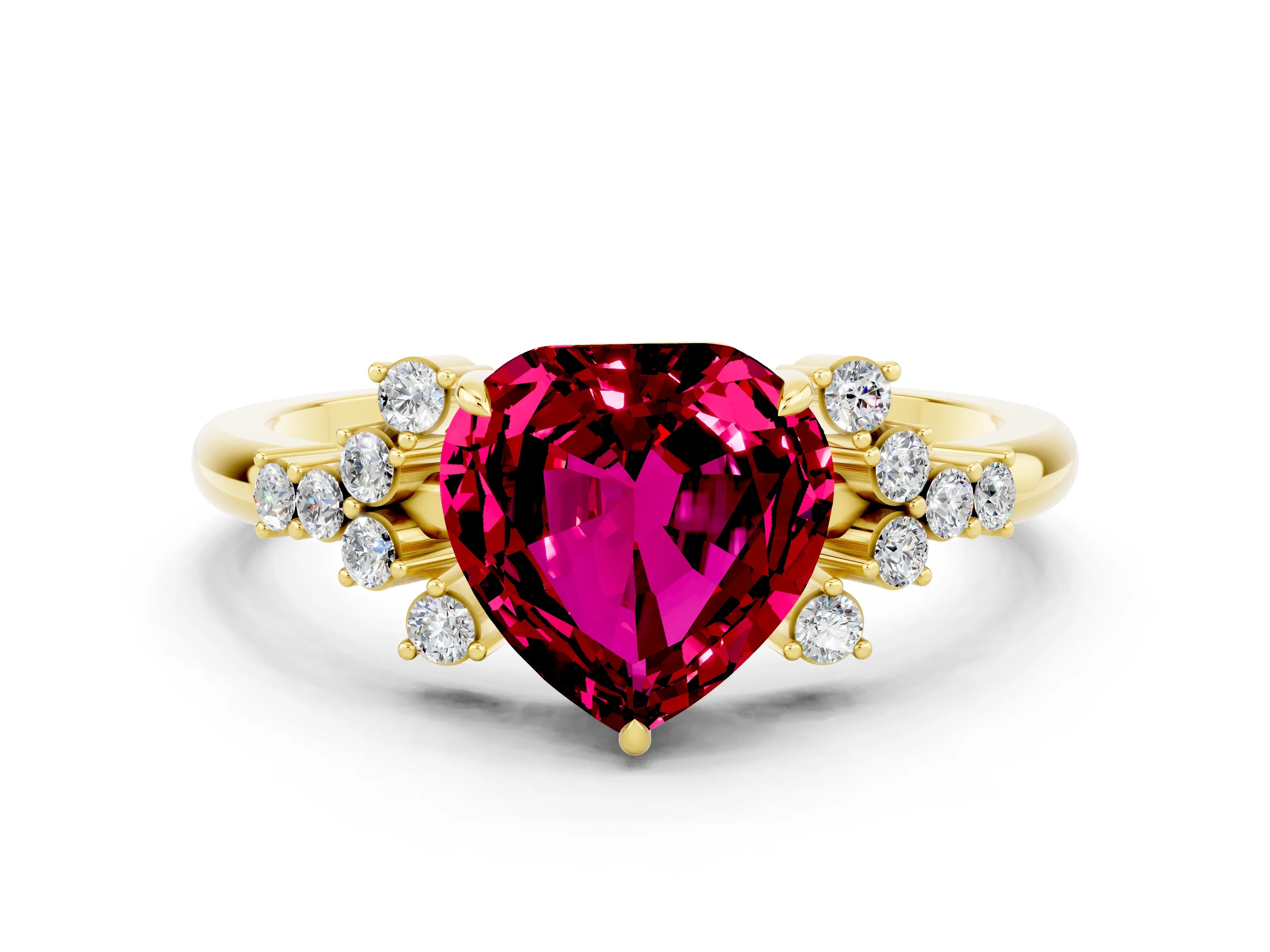 Yellow gold Heart Cut Garnet Ring with Side Stones and Four-Prong Setting_36