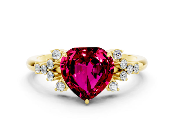 Yellow gold Heart Cut Garnet Ring with Side Stones and Four-Prong Setting