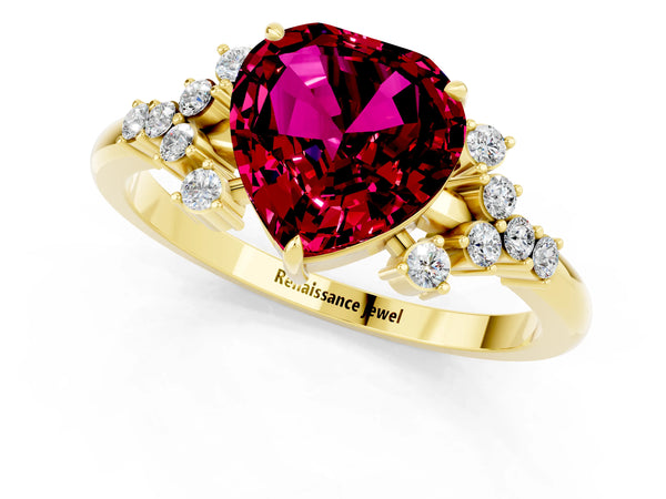 Yellow gold Heart Cut Garnet Ring with Side Stones and Four-Prong Setting