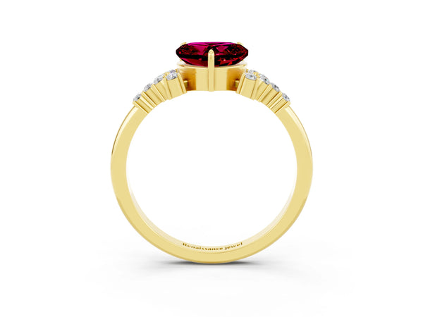 Yellow gold Heart Cut Garnet Ring with Side Stones and Four-Prong Setting