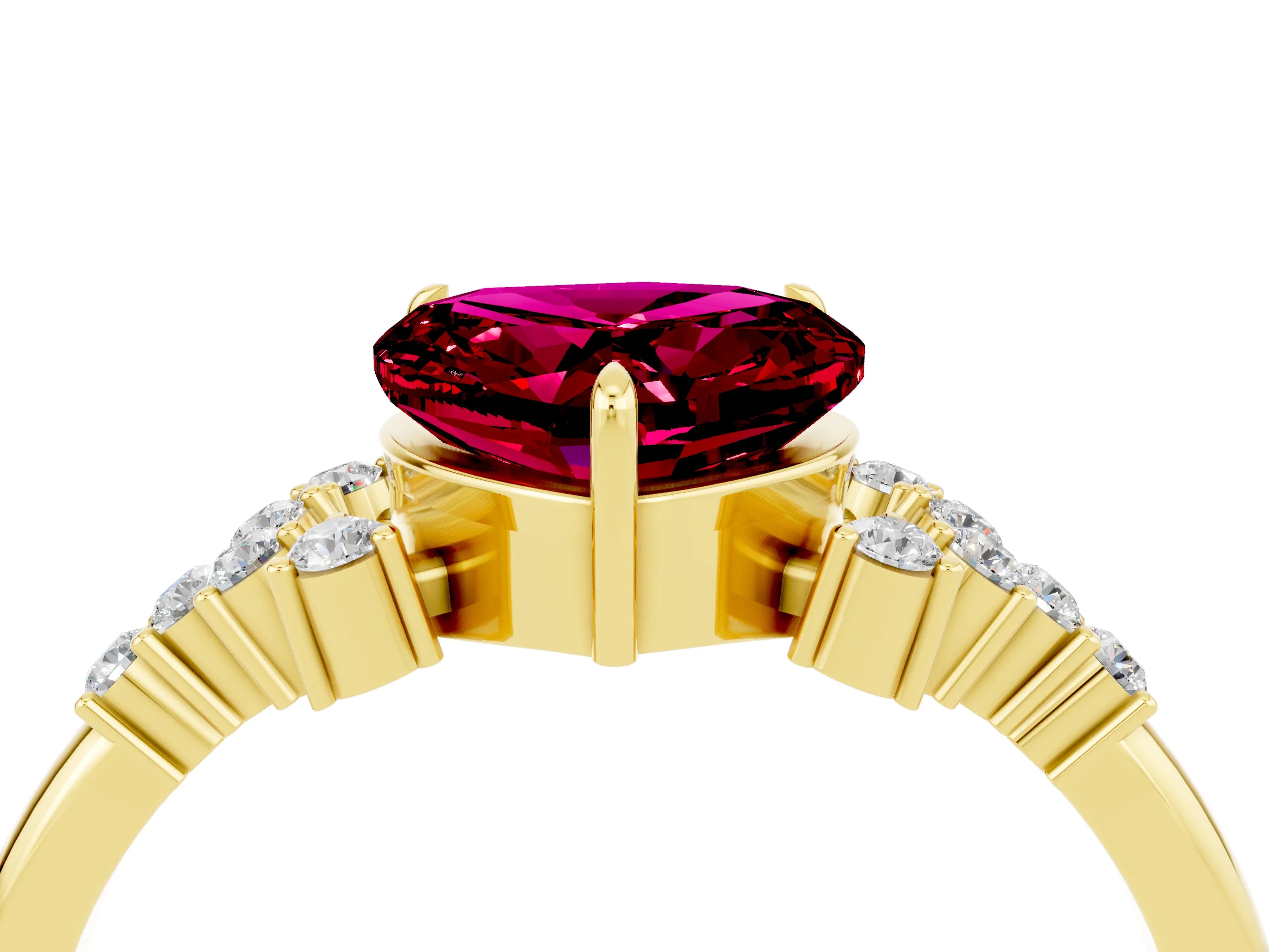 Yellow gold Heart Cut Garnet Ring with Side Stones and Four-Prong Setting_40