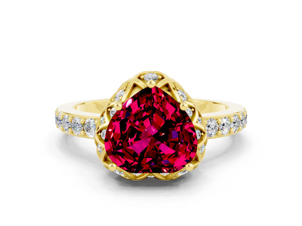 Yellow gold Heart Cut Garnet Scalloped Halo Engagement Ring with Round Shared Prong Band