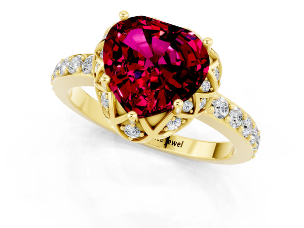 Yellow gold Heart Cut Garnet Scalloped Halo Engagement Ring with Round Shared Prong Band