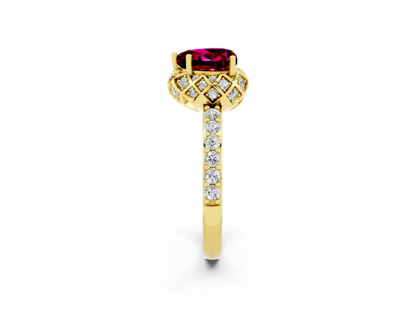 Yellow gold Heart Cut Garnet Scalloped Halo Engagement Ring with Round Shared Prong Band