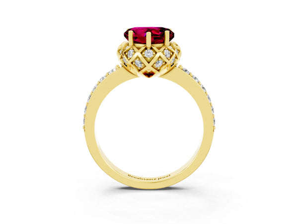 Yellow gold Heart Cut Garnet Scalloped Halo Engagement Ring with Round Shared Prong Band