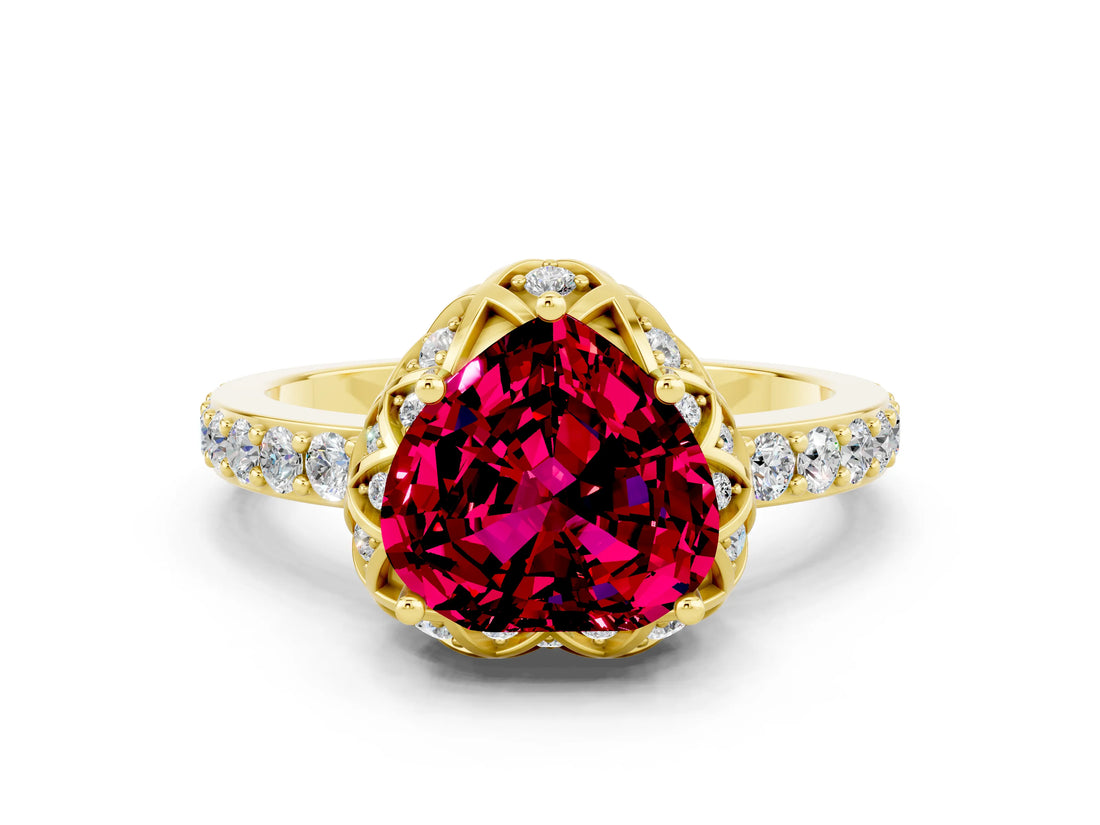Yellow gold Heart Cut Garnet Scalloped Halo Engagement Ring with Round Shared Prong Band_24