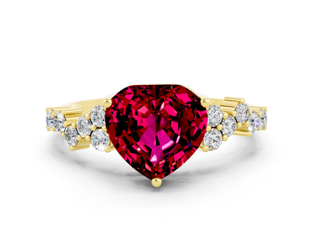 Yellow gold Heart Cut Garnet Scattered Round Accent Ring with Prong Setting_12